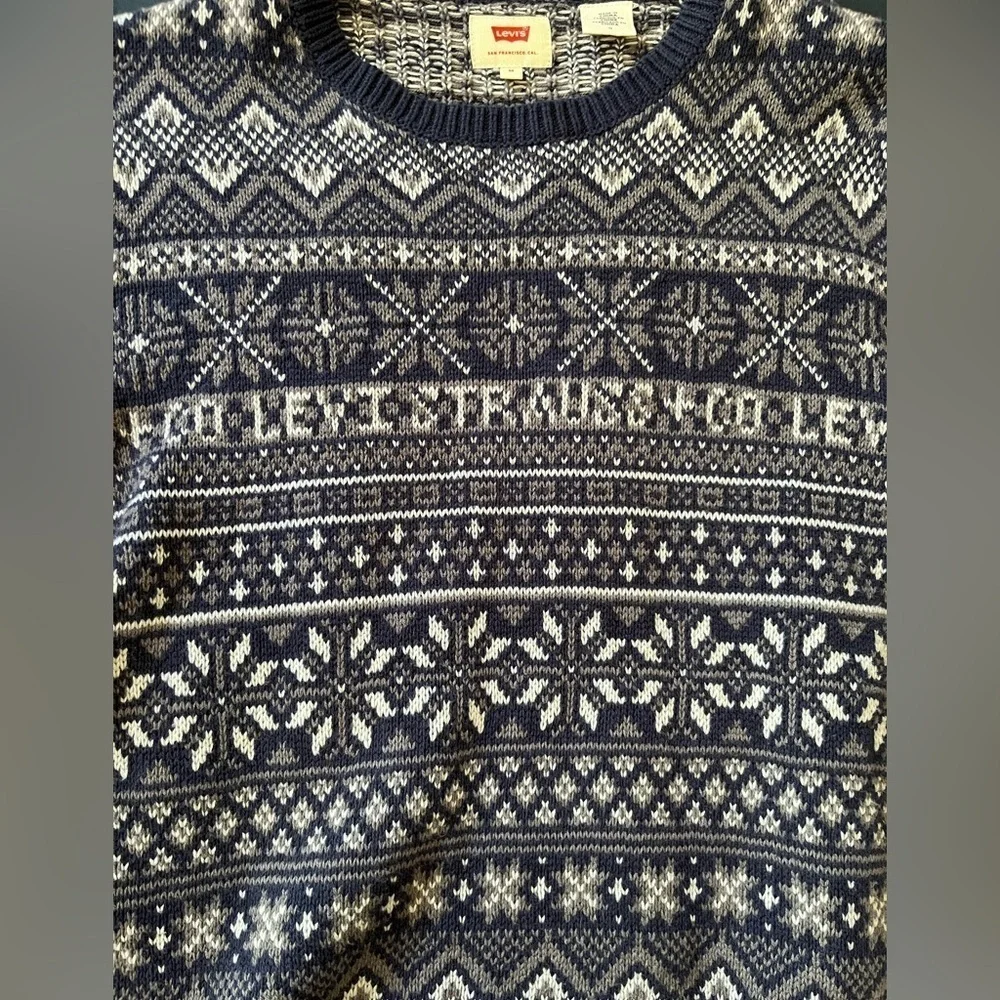 Levi’s Fair Isle Holiday Sweater Navy Blue White Gray Men’s M Winter Knit